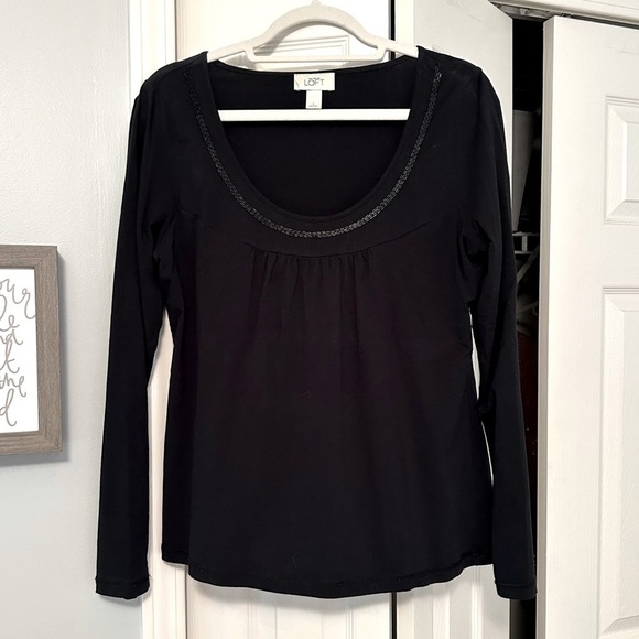 LOFT Black Long Sleeve Beaded Top - Picture 1 of 13